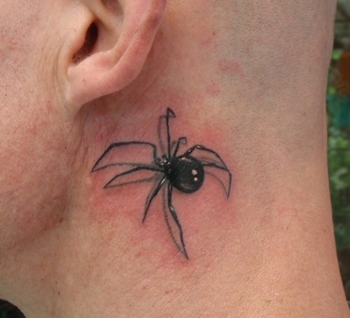 Black Spider Behind Ear Tattoo