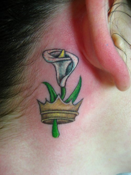 Crown With Lily Flower Tattoo On Back Ear
