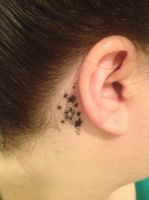Black Stars Below Ear Tattoo For Girls