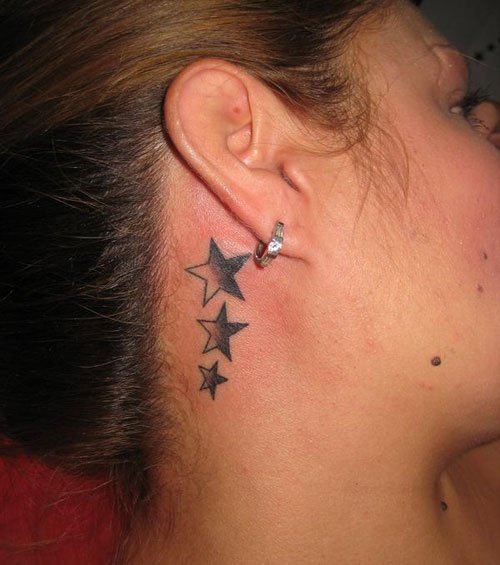 Grey Ink Stars Back Ear Tattoo
