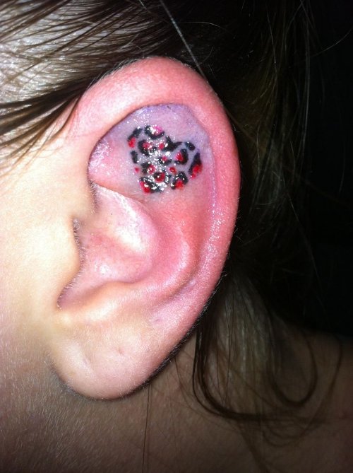 Color Ink Leopard Print Heart Ear Tattoo