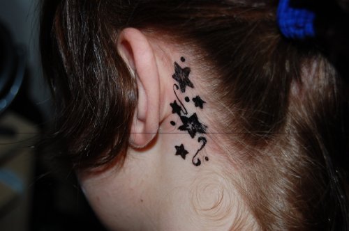 Cool Black Stars Ear Tattoo Behind Ear
