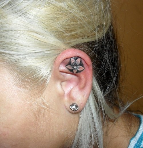 Flower Grey Ink Ear Tattoo