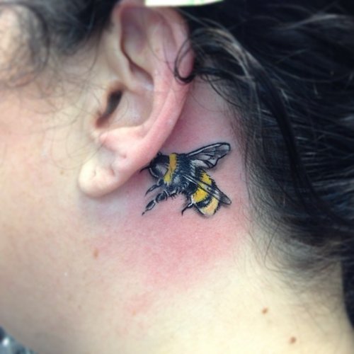 Back Ear Bee Color Ink Tattoo