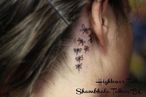 Small Dragonflies Back Ear Tattoo
