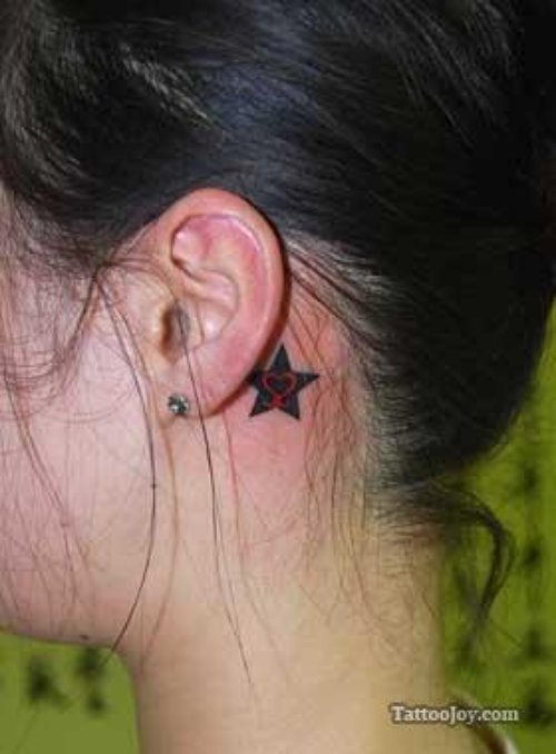 Black And Red Star Heart Ear Tattoo