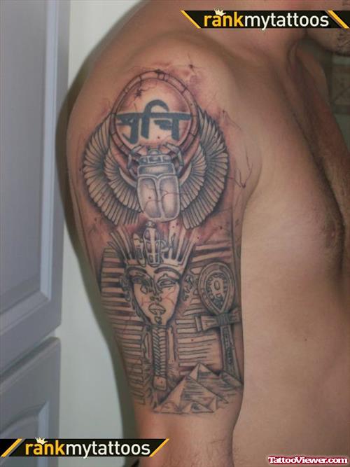 Grey Ink Egyptian Tattoo On Right Half Sleeve