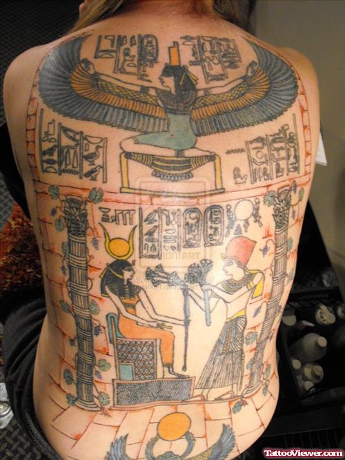Egyptian Tattoo On Man Back Body