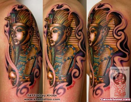 Egyptian God Colored Tattoo On Sleeve