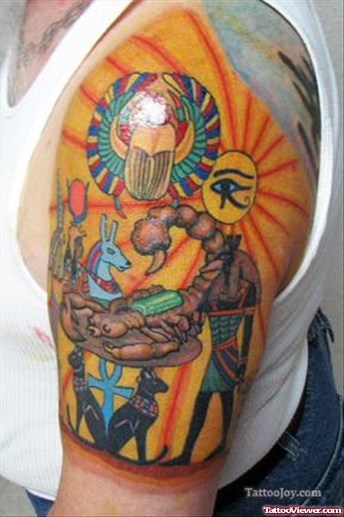 Beautiful Colored Egyptian Tattoo On Left Half Sleeve