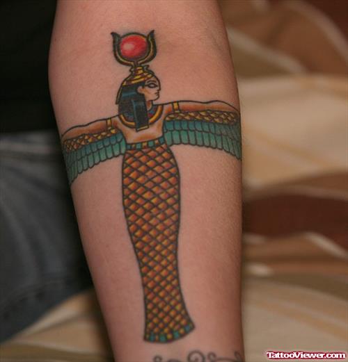 Awesome Colored Egyptian Girl Tattoo On Left Sleeve