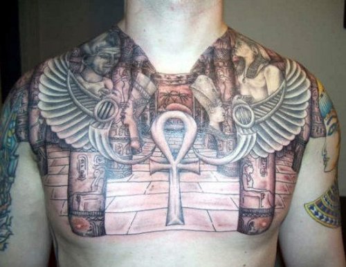 Awesome Grey Ink Egyptian Tattoo On Chest