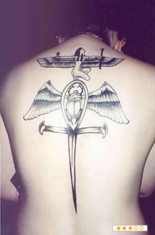 Winged Ankh And Egyptian Tattoo On Back
