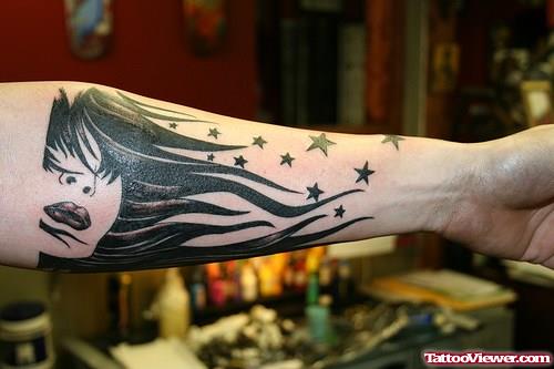 Stars And Tribal Elbow Tattoo