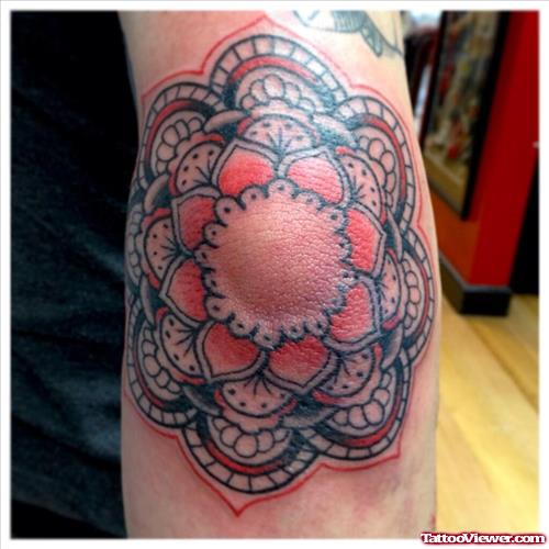 Gre And Red Ink Flower Elbow Tattoo