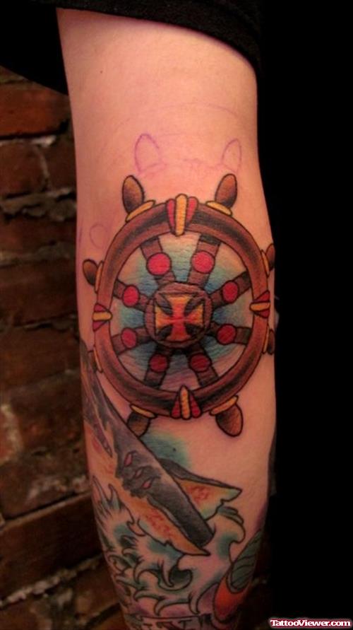 Colored Ship Wheel Compas Elbow Tattoo
