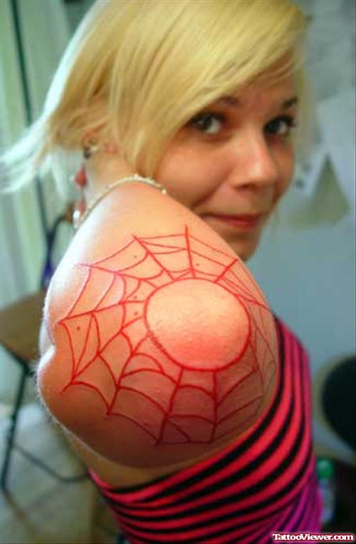 Red Ink Spider Web Elbow Tattoo For Girls