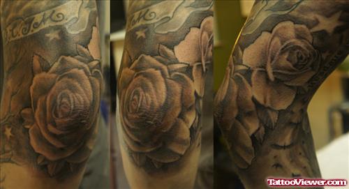 Grey Rose Flower Elbow Tattoo Design