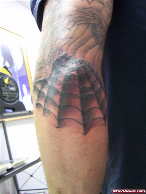 Grey Ink Spider Web Elbow Tattoo Design
