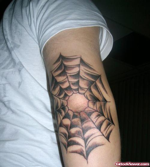 Awesome Grey Ink Spider Web Elbow Tattoo