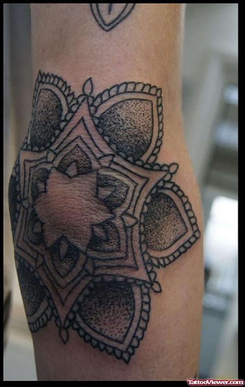 Best Grey Mandala Flower Elbow Tattoo