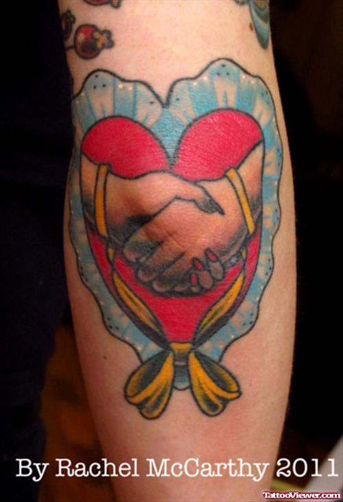 Red Heart and Hands Tattoo On Elbow