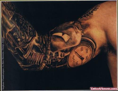 Pocket Watch Biomechanical Elbow Tattoo