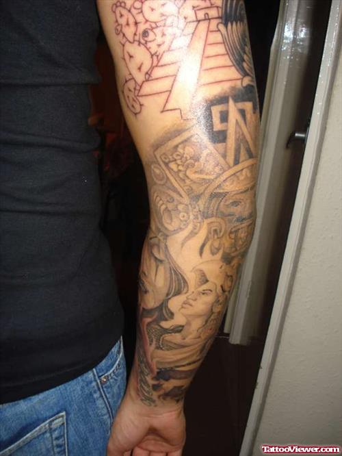 Classic Grey Ink Aztec Elbow Tattoo