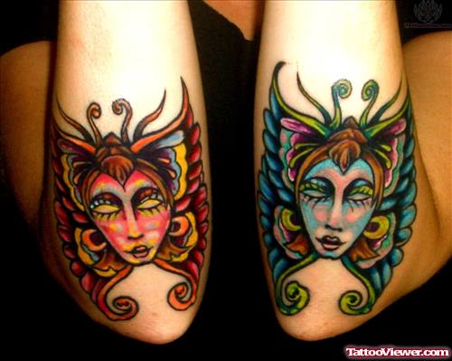 Butterflies Mask Elbow Tattoo