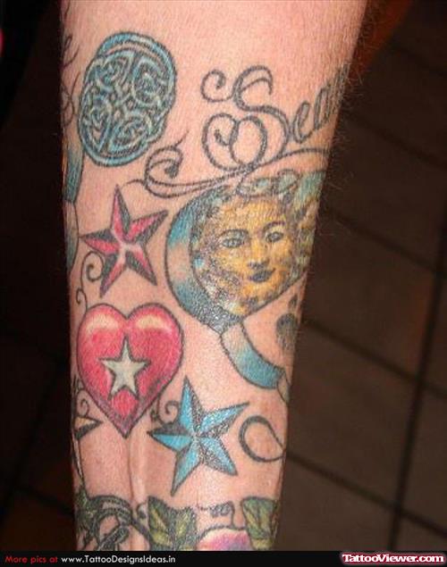 Red Heart And Nautical Stars Elbow Tattoo