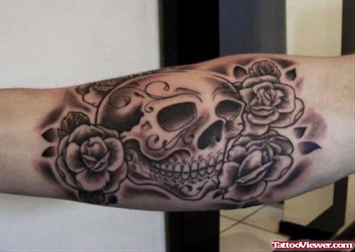 Grey Roses And Skull Elbow Tattoo