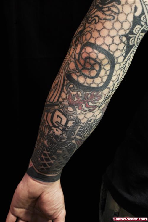 Grey Ink Geometric Dotwork Elbow Tattoo