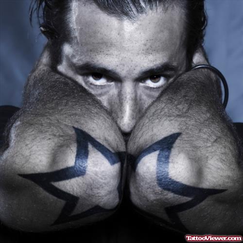 Awesome Black Stars Elbow Tattoos For Men