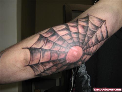 Amazing Grey Ink Spider Web Elbow Tattoo
