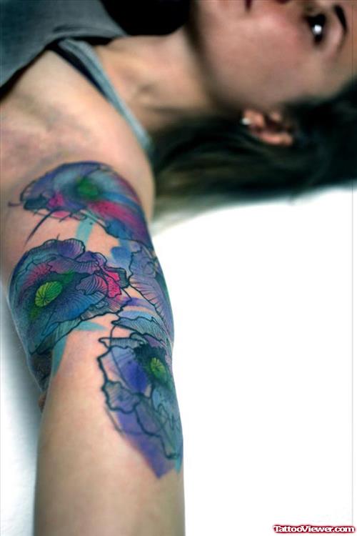 Abstarct Colored Flowers Elbow Tattoo