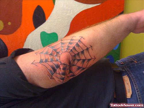 Grey Spider Web Elbow Tattoo