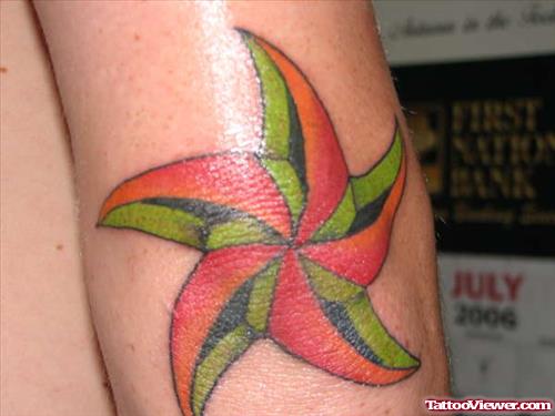 Green And Red Nautical Star Elbow Tattoo