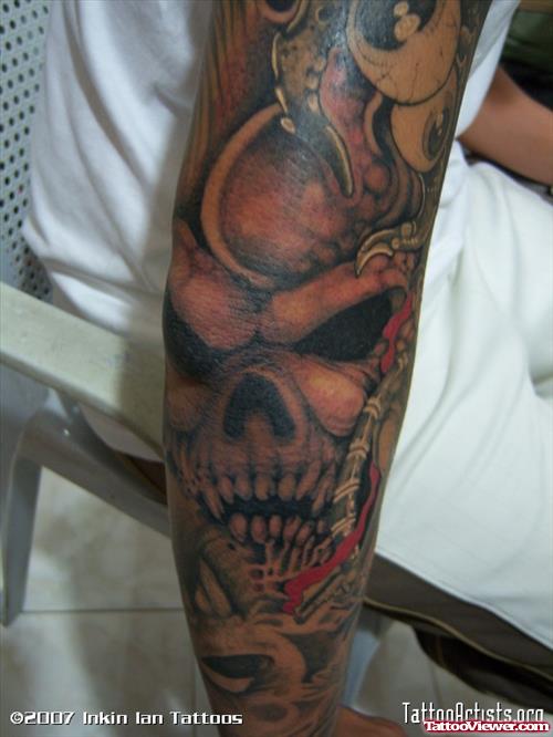 Grey Skull Elbow Tattoo