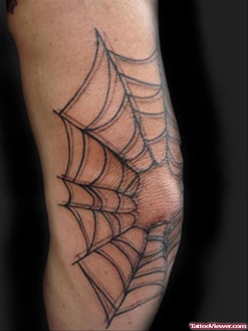 Grey Ink Spider Web Elbow Tattoo