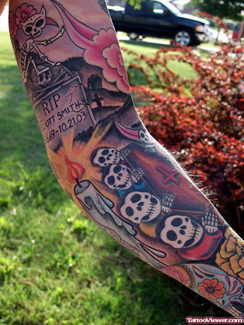 Burning Candle And Skulls Elbow Tattoo