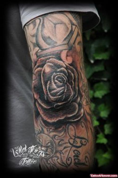 A Grey Rose Flower Elbow Tattoo