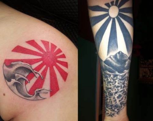 Grey Rising Sun Elbow Tattoo