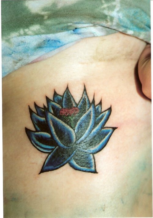 Black And Blue Ink Lotus Flower Elbow Tattoo