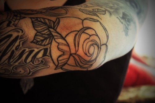 Outline Rose Floower Elbow Tattoo