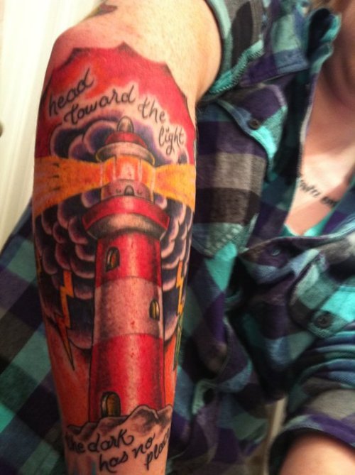 Lighthouse Colored Elbow Tattoo