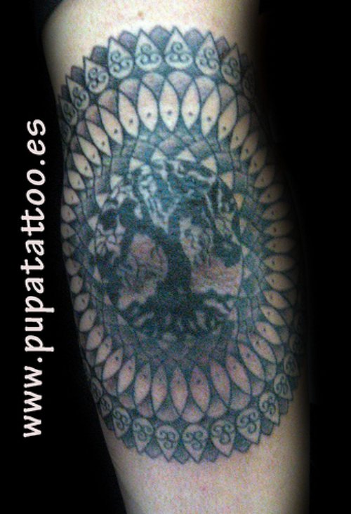 Grey Ink Tree Elbow Tattoo