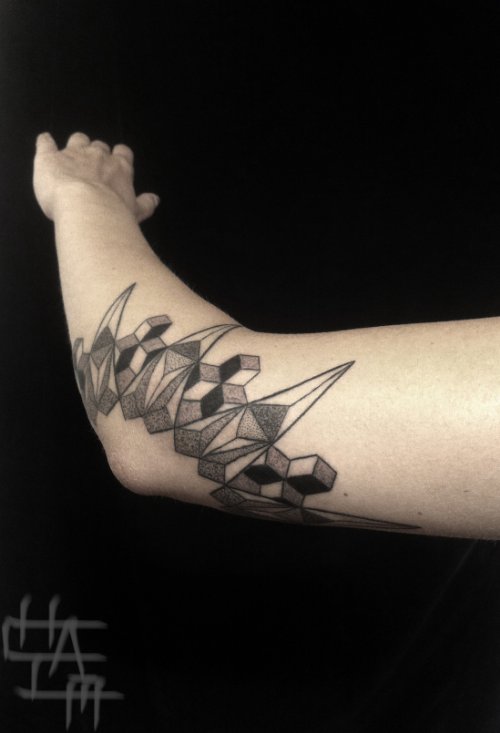 Geometric Dotwork Left Elbow Tattoo