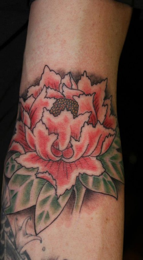 Attractive Pink Flower Elbow Tattoo