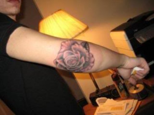 Grey Rose Flower Elbow Tattoo