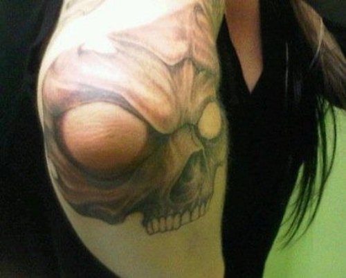 Grey Skull Elbow Tattoo For Girls